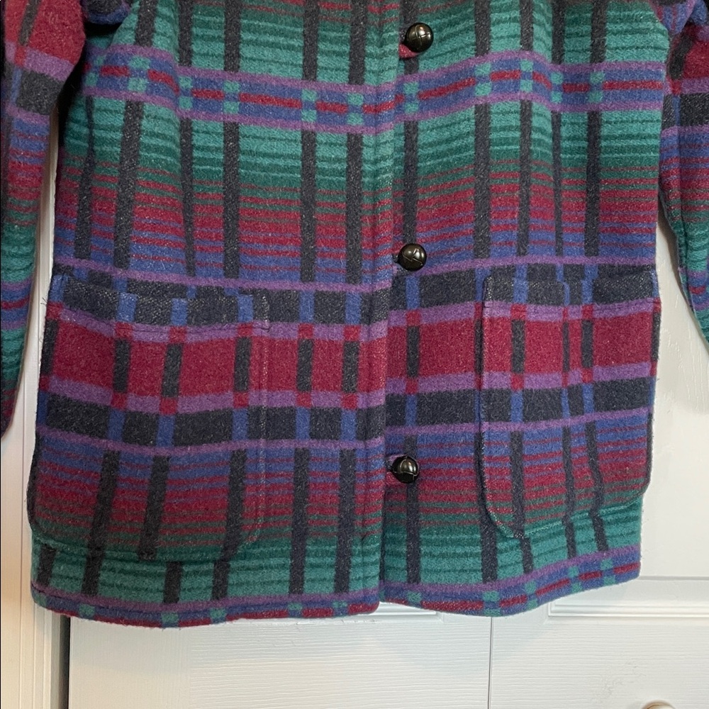 VTG 80s L.L.Bean wool blend stadium blanket Aztec coat Southwestern plaid pocket - Picture 10 of 12